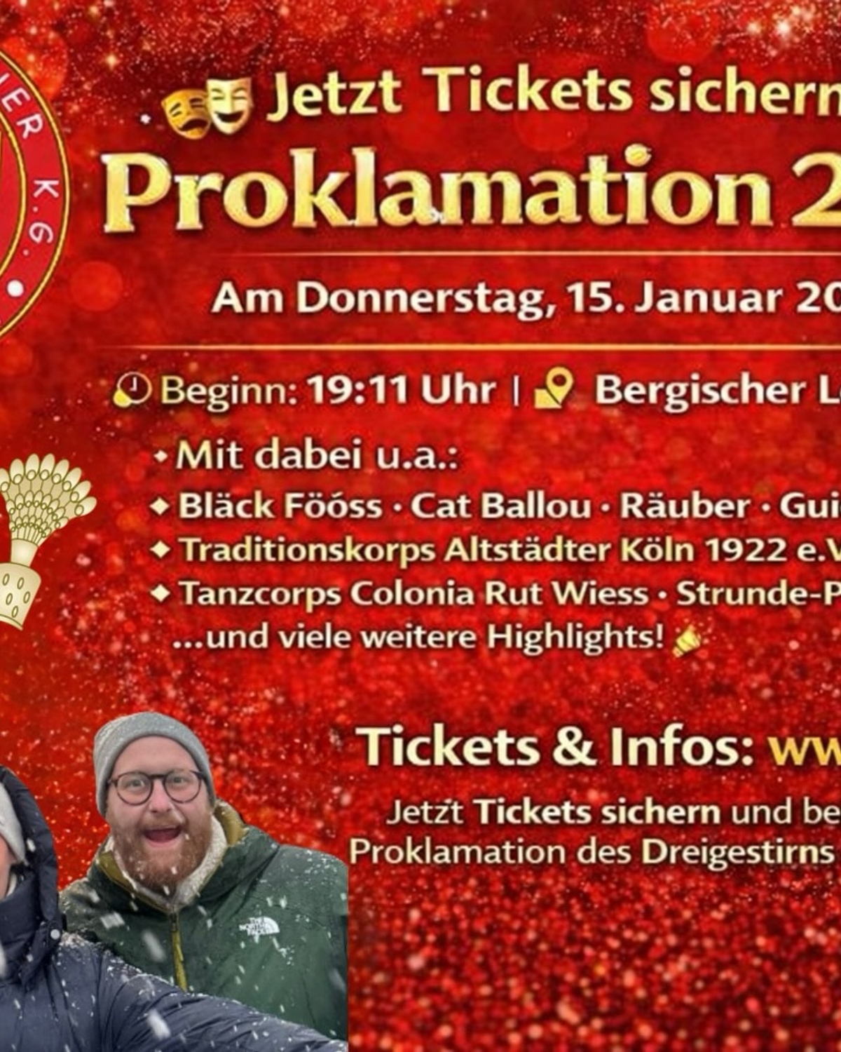 🎭👑 Proklamation 2026 – Jetzt Tickets sichern! 👑🎭

Am Donnerstag, 15. Januar 2026, lädt die Große Gladbacher...